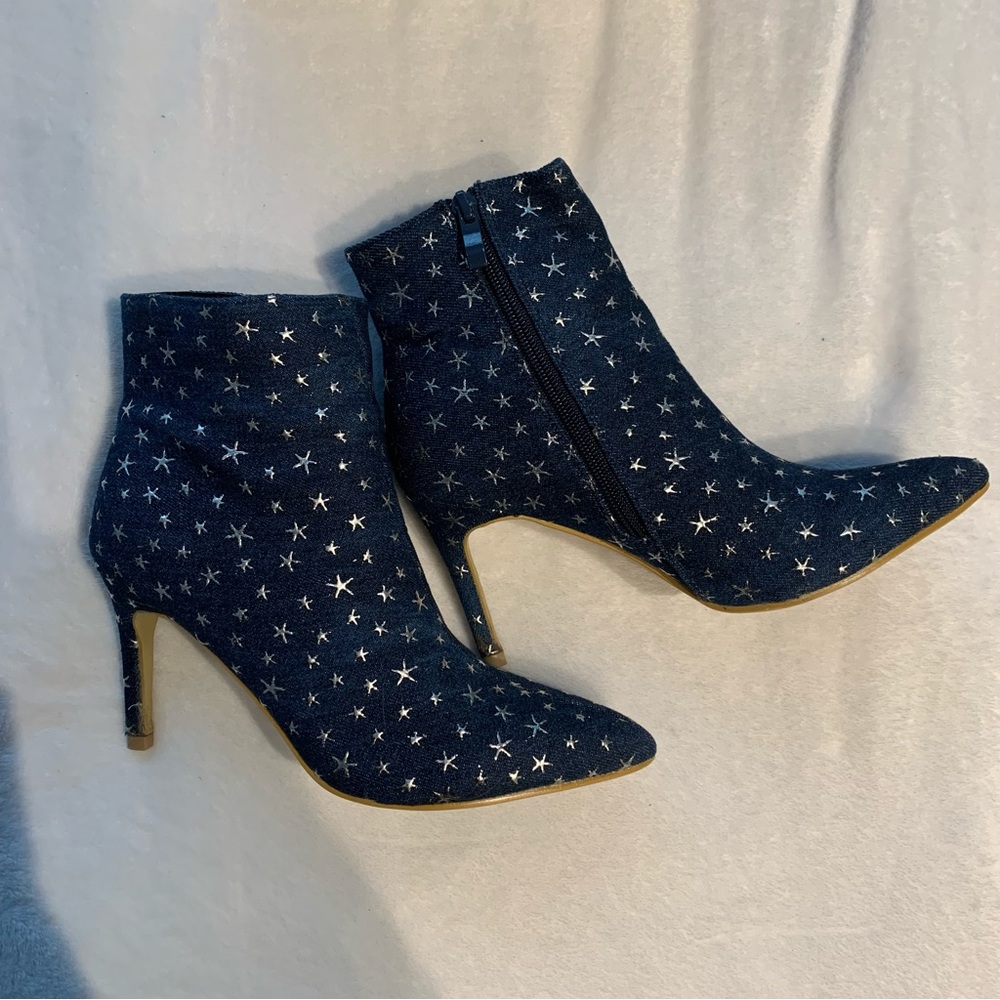 Denim Heels Boots with Silver Stars